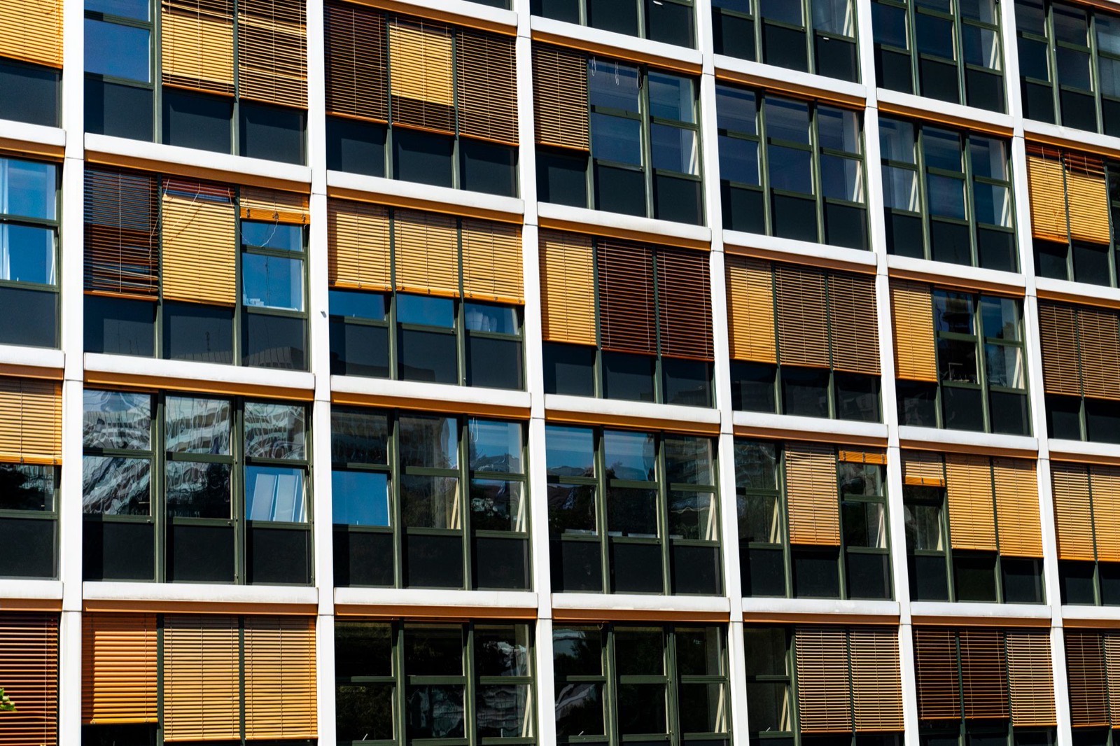 A modern commercial building facade seen straight on in daylight, its windows shaded by blinds.